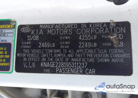 2009 Kia Optima Lx from USA, damaged, VIN KNAGE228195311237